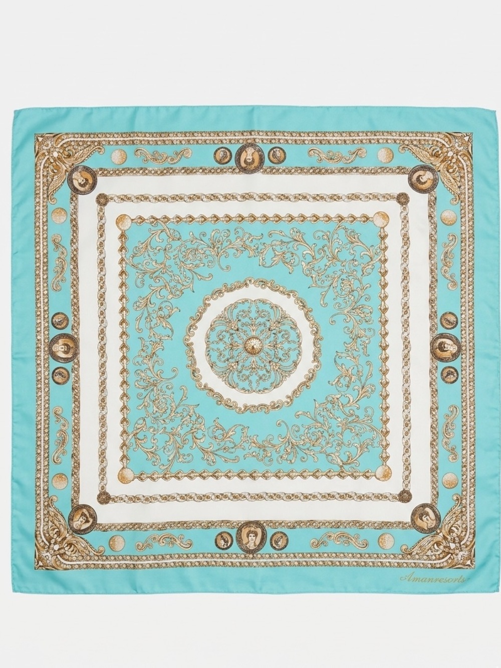 Vintage Monaco-Monte Carlo Teal Blue Gold Baroque Square Scarf Made in Italy